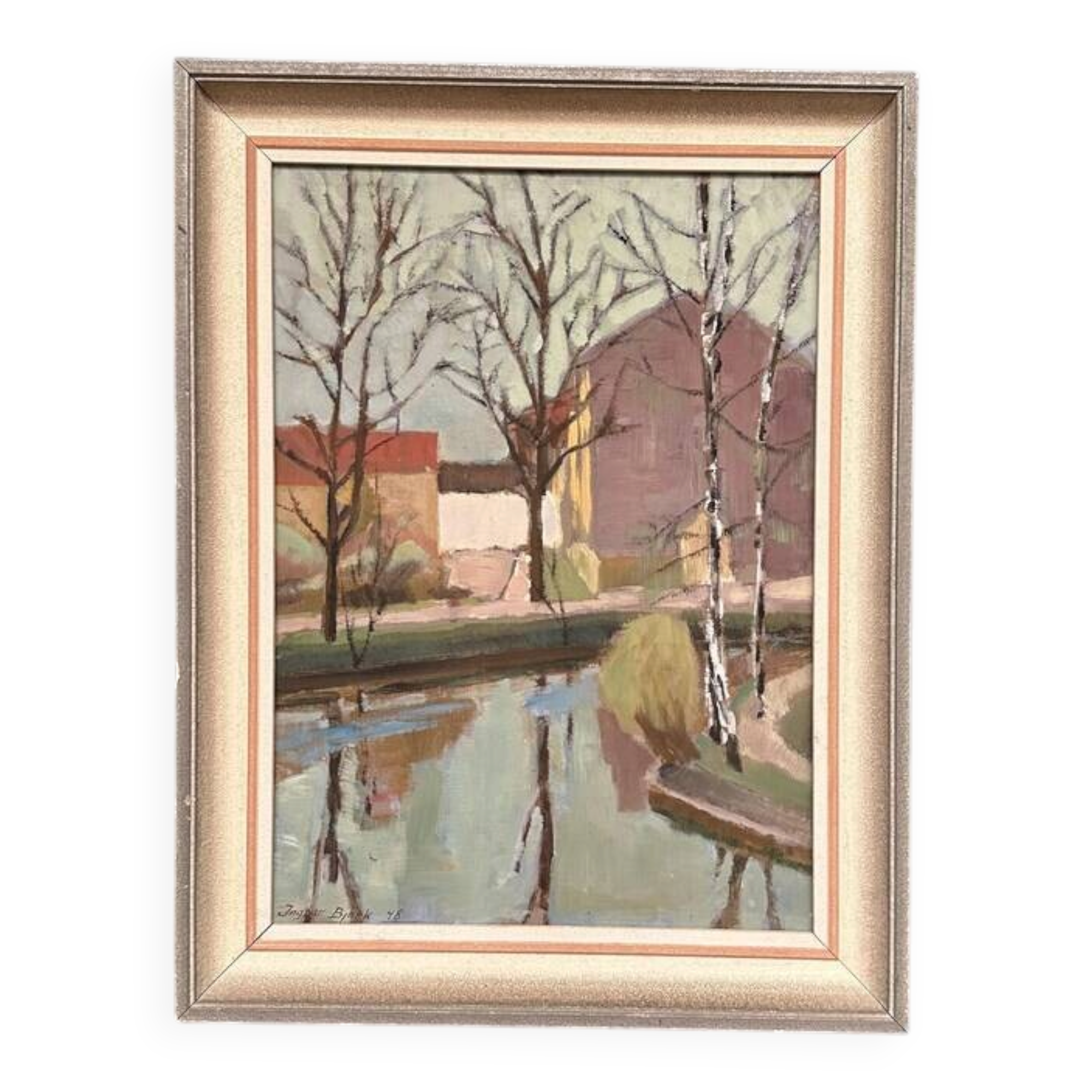 Original Swedish Oil on Canvas - "Landscape with Trees and Buildings" by Ingvar Björk - 1948 - Vintage - Framed - 62 × 48 cm (24.4" × 18.9")