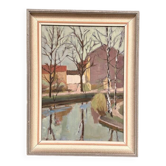 Huile sur toile originale suédoise - "Paysage avec arbres et bâtiments" par Ingvar Björk - 1948 - Vintage - Encadrée - 62 × 48 cm (24,4" × 18,9")