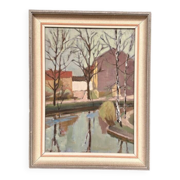 Original Swedish Oil on Canvas - "Landscape with Trees and Buildings" by Ingvar Björk - 1948 - Vintage - Framed - 62 × 48 cm (24.4" × 18.9")