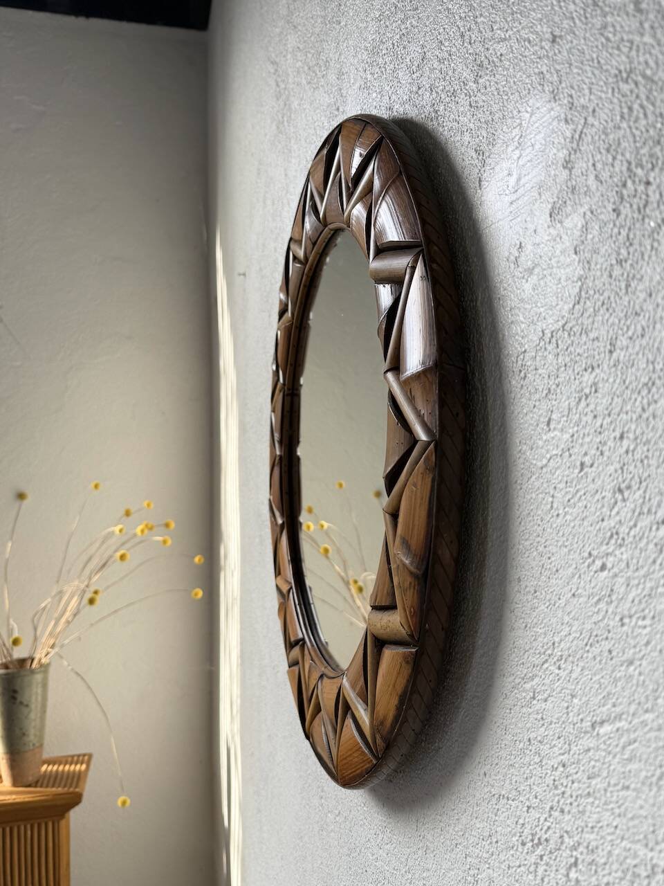 Round rattan mirror 1980
