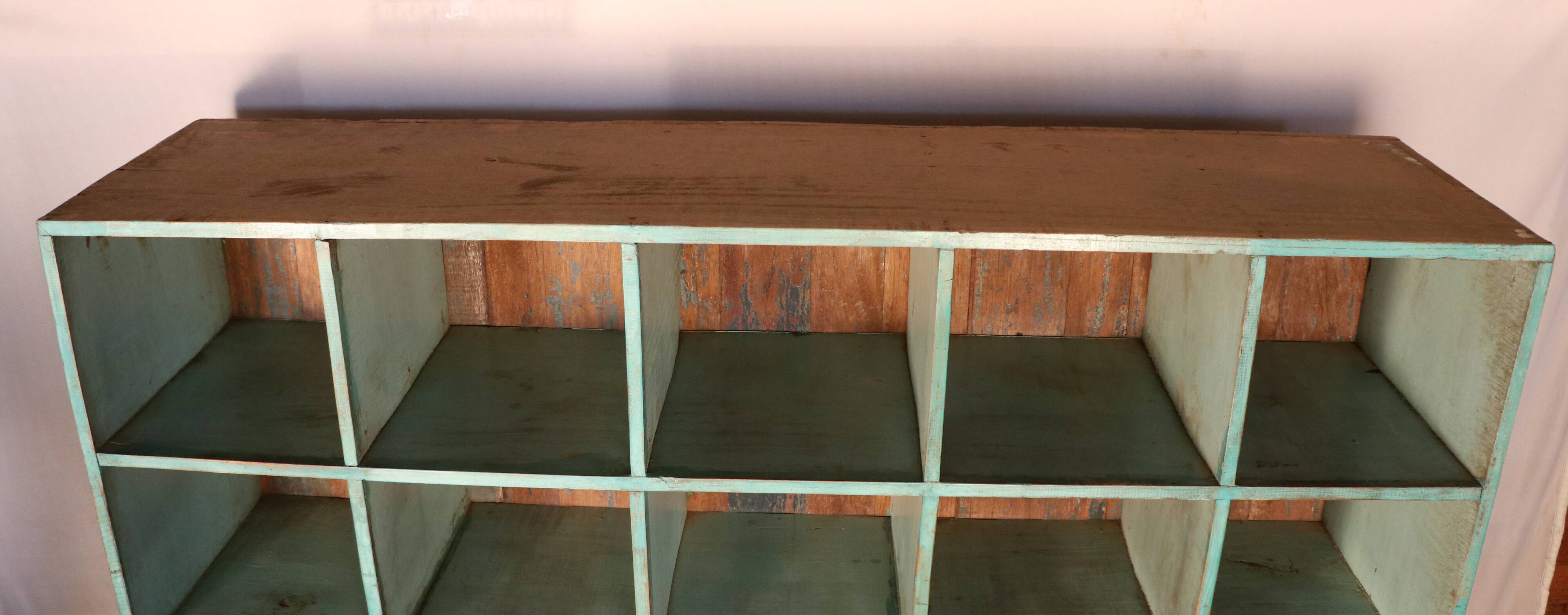 Old workshop shelf in original green-blue patina Burmese teak