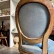 Medallion back chair in reclaimed wood and blue cotton.