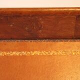 Pedestal table in wood and havana coloured leather tray