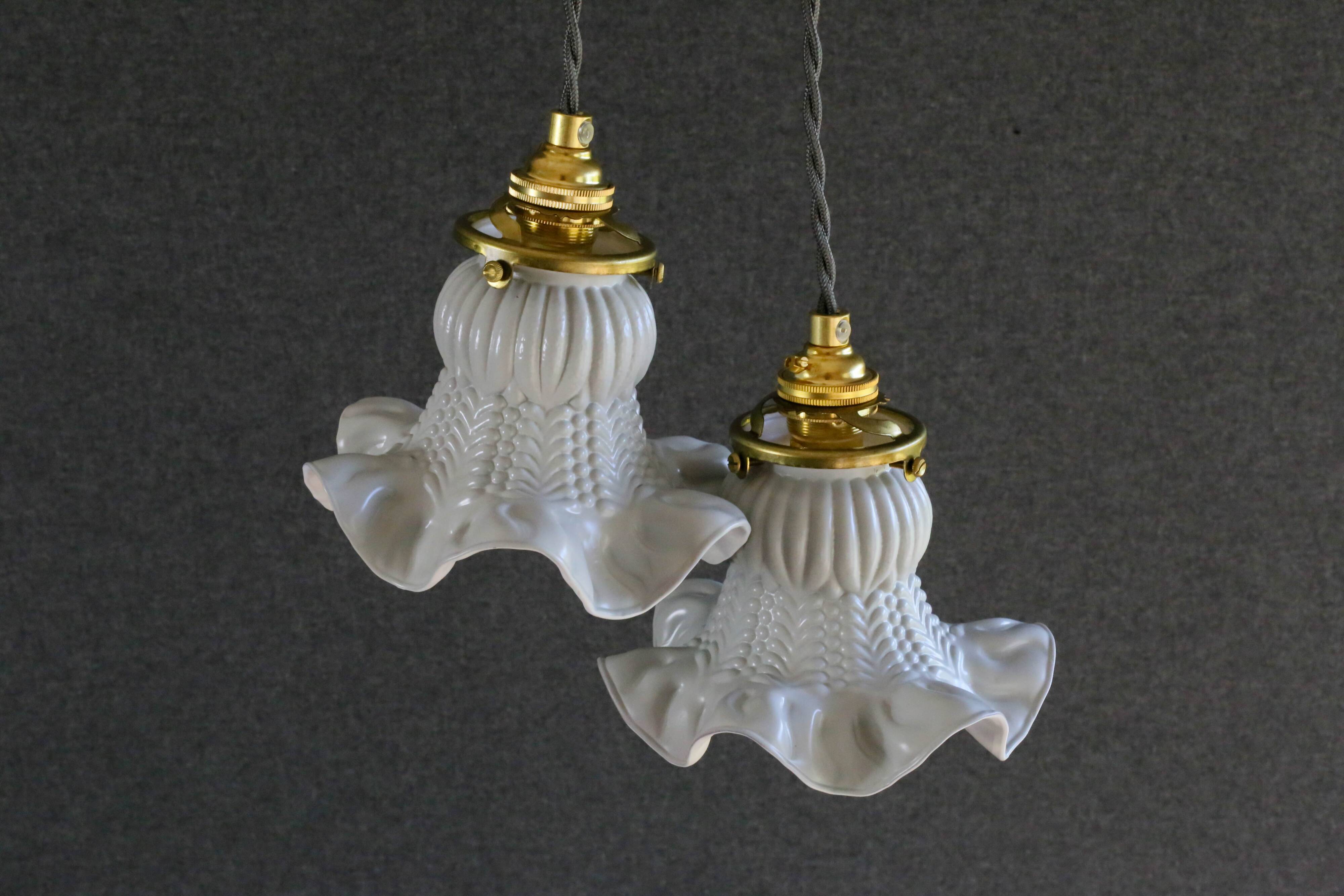 A set of two old pendant lights painted in gray and white, delivered with cable and nf socket