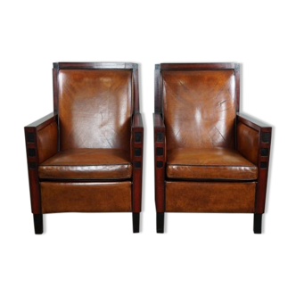 Set of 2 art deco sheepskin leather armchairs