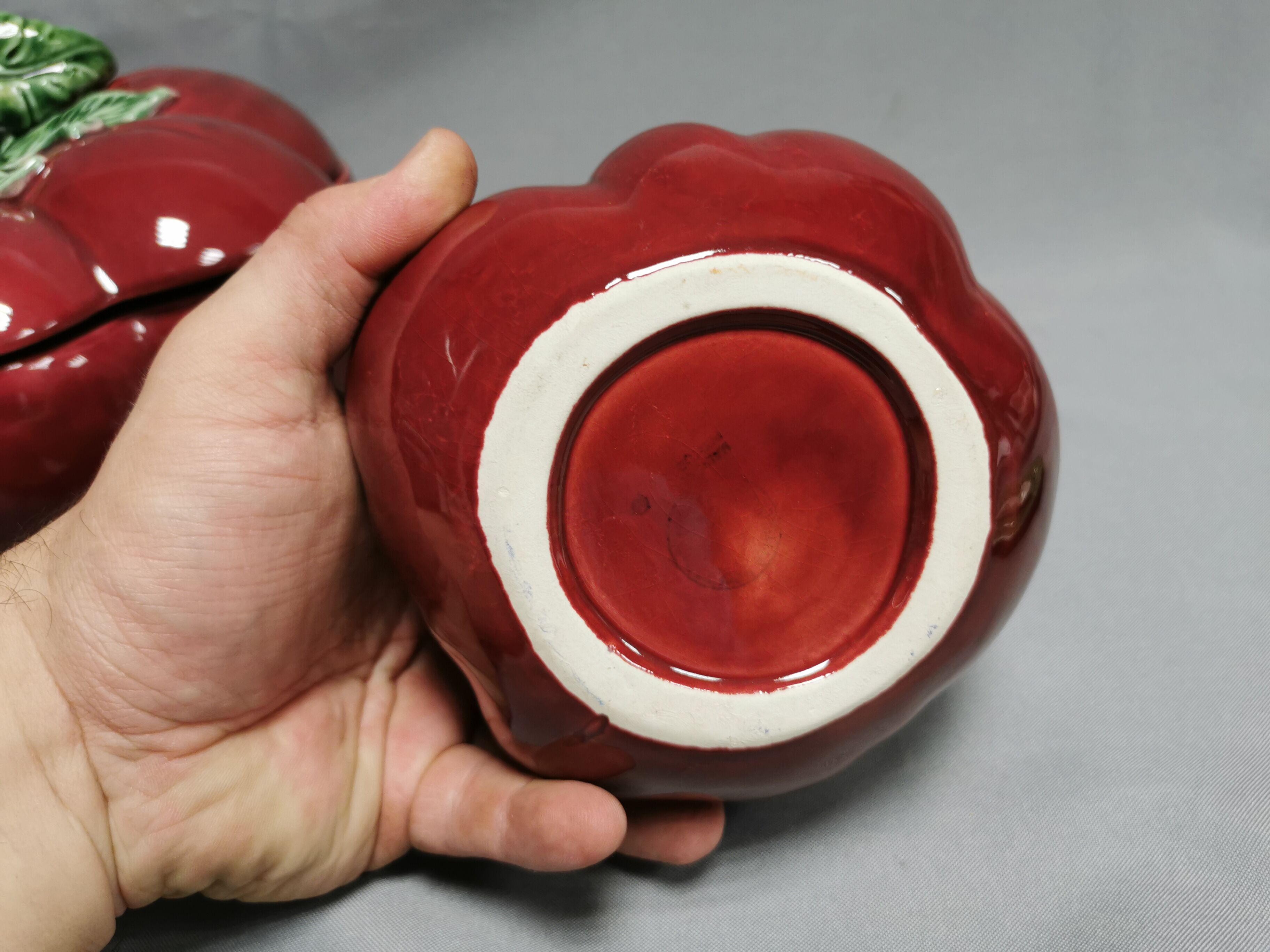 Vintage soup tureen + Trompe l'oeil sauce boat, majolica tomato shape