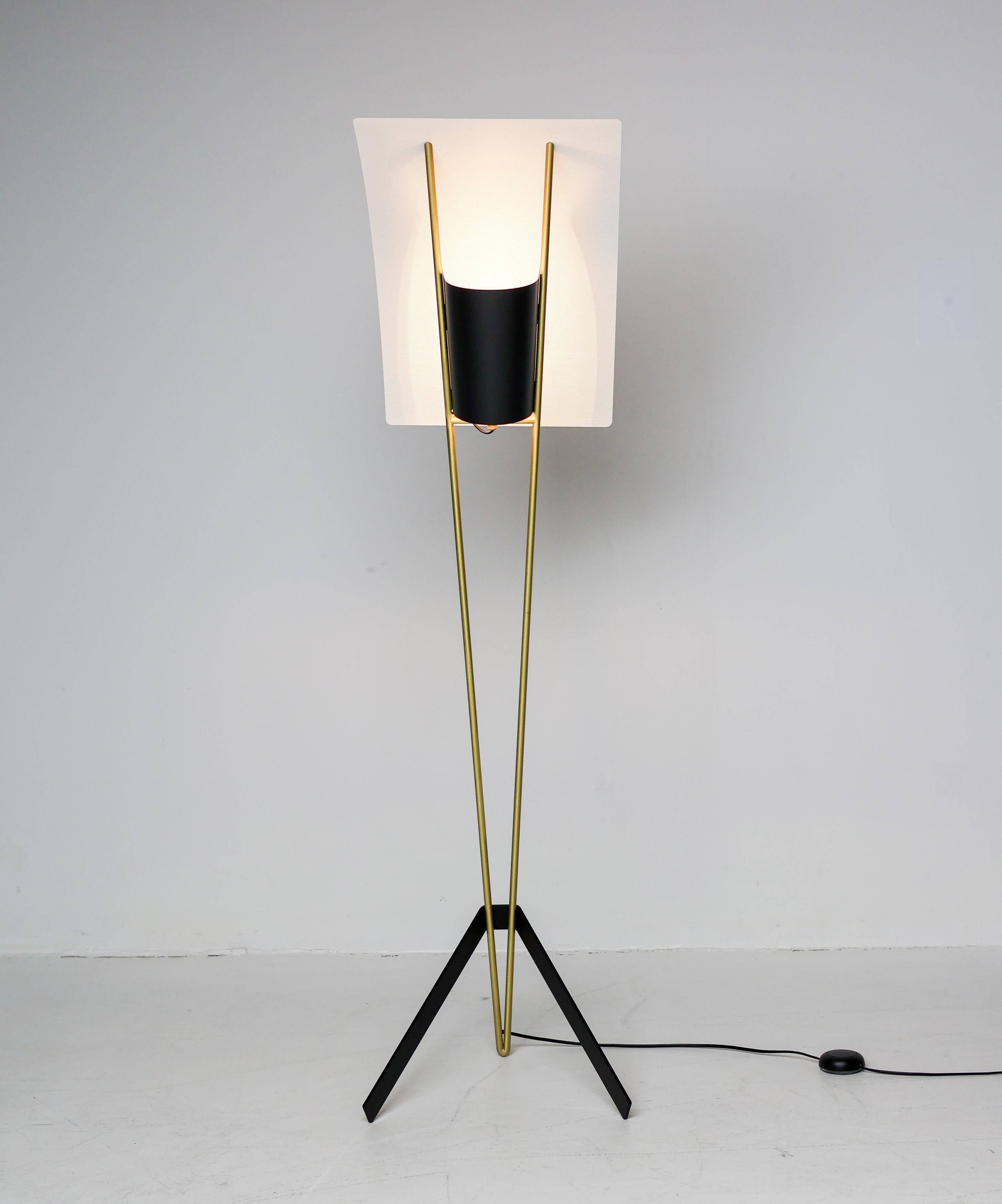 Kite floor lamp by Pierre Guariche, brass and steel, mid-20th century.