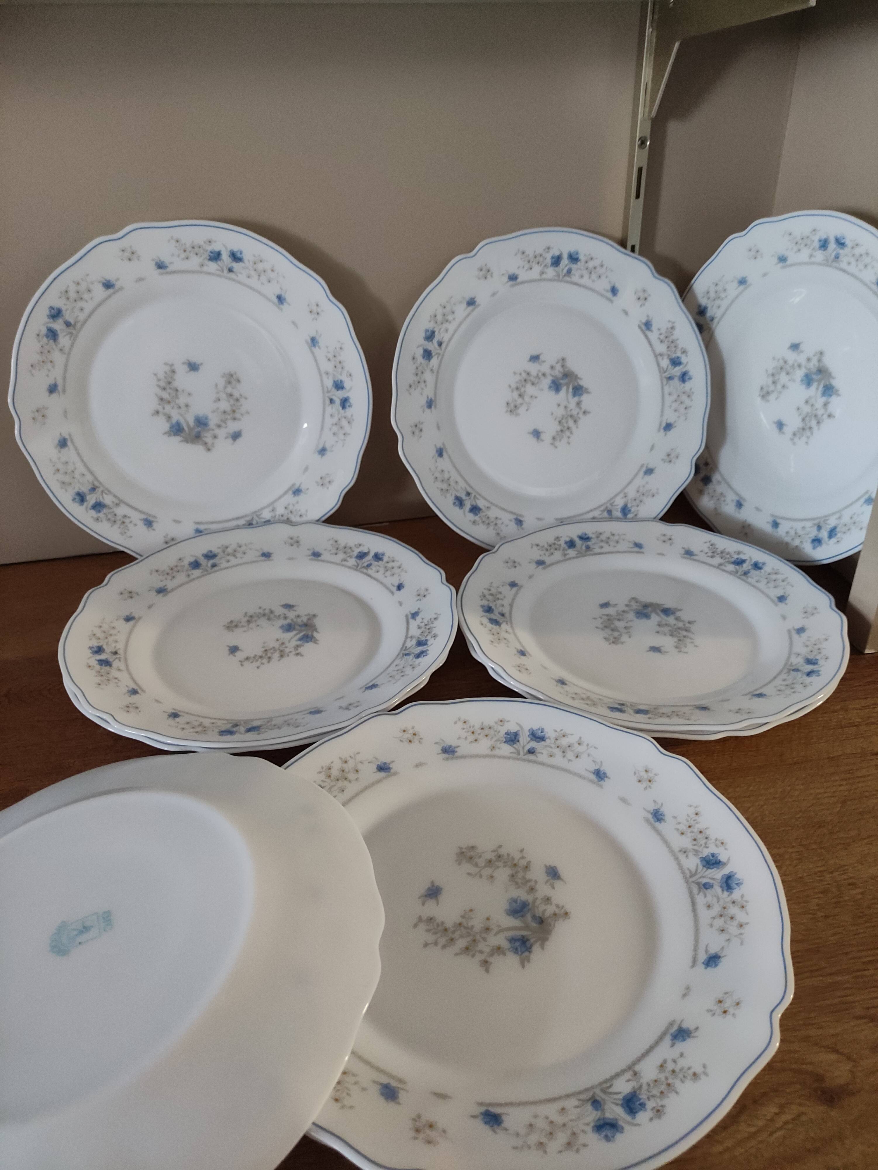 Series 10 flat plates Arcopal, white opaline with blue flowers