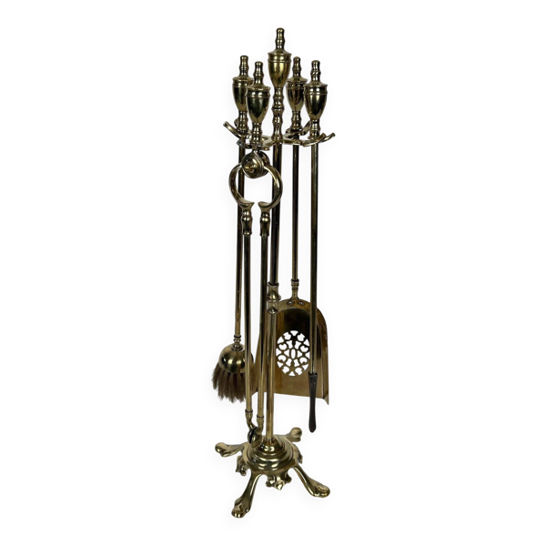 Nécessaire de Feu de Style Néoclassique en Laiton Poli à Outils à Anneaux