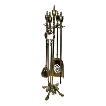 Neoclassical Polished Brass Fire Set with Ring Tools