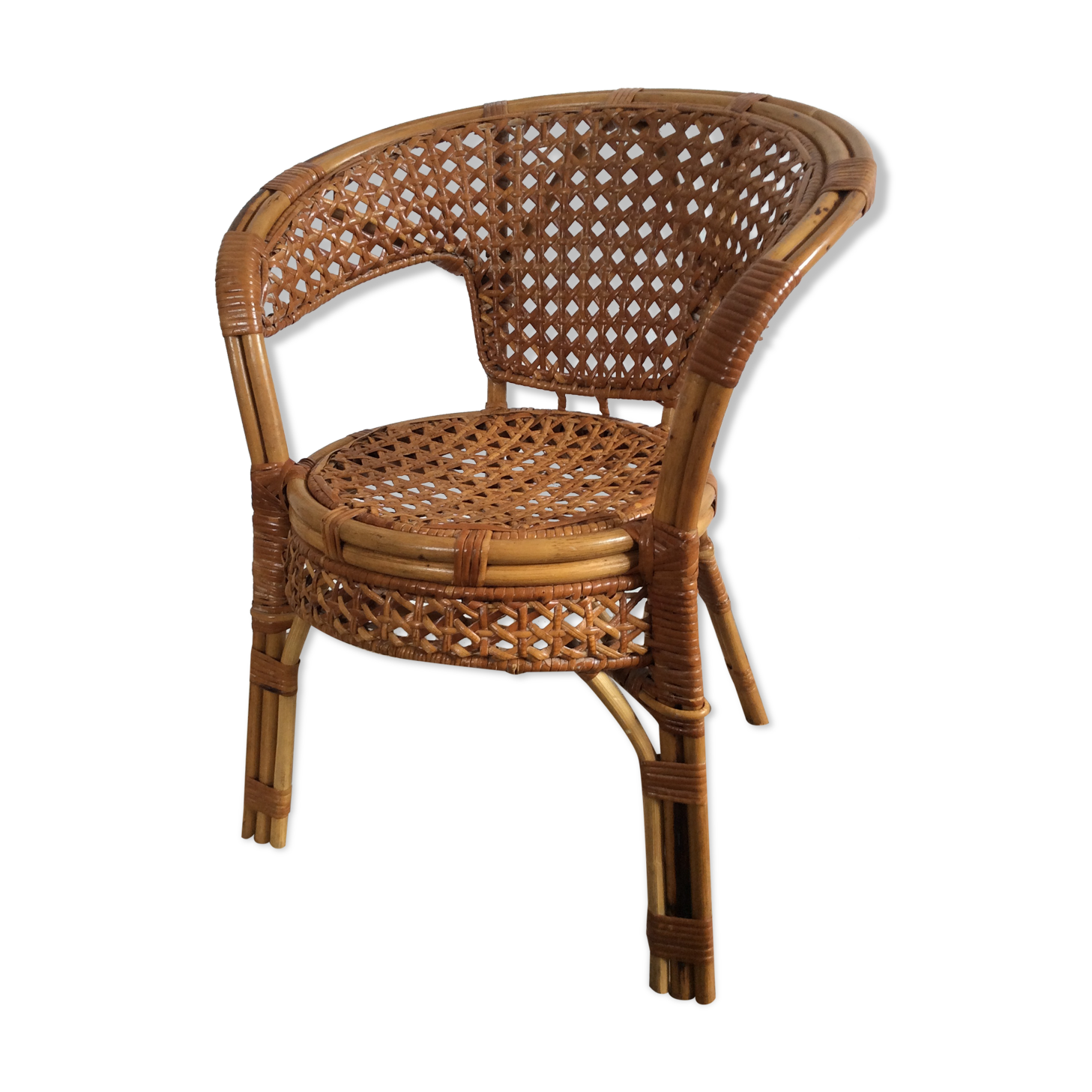 Fauteuil enfant vintage en rotin et cannage osier