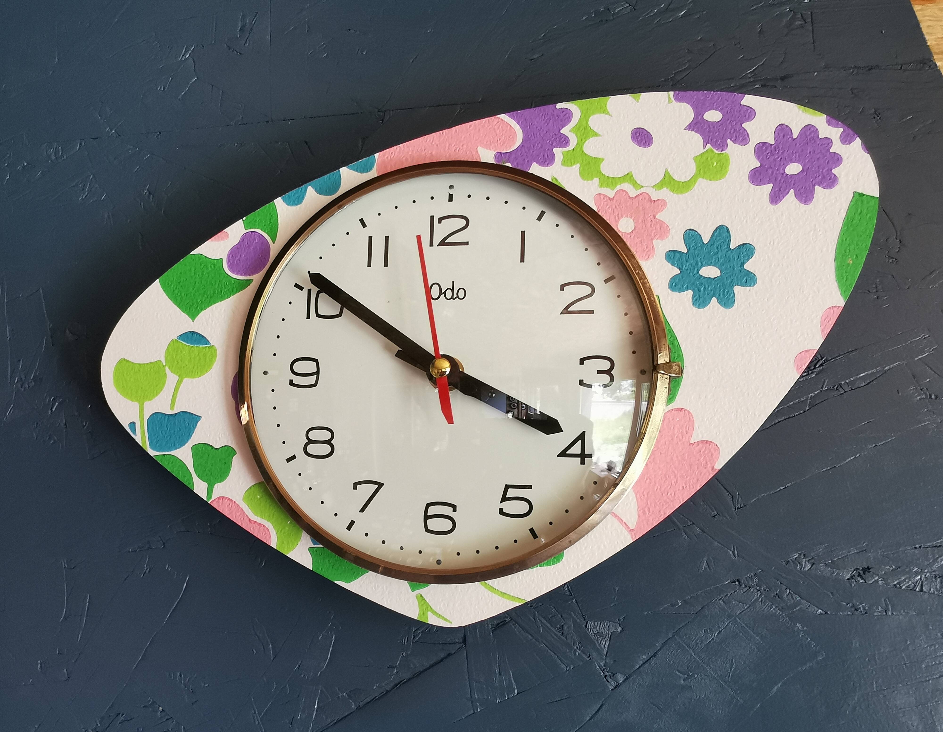 Vintage silent asymmetrical wall pendulum clock "Purple green pink flowers"