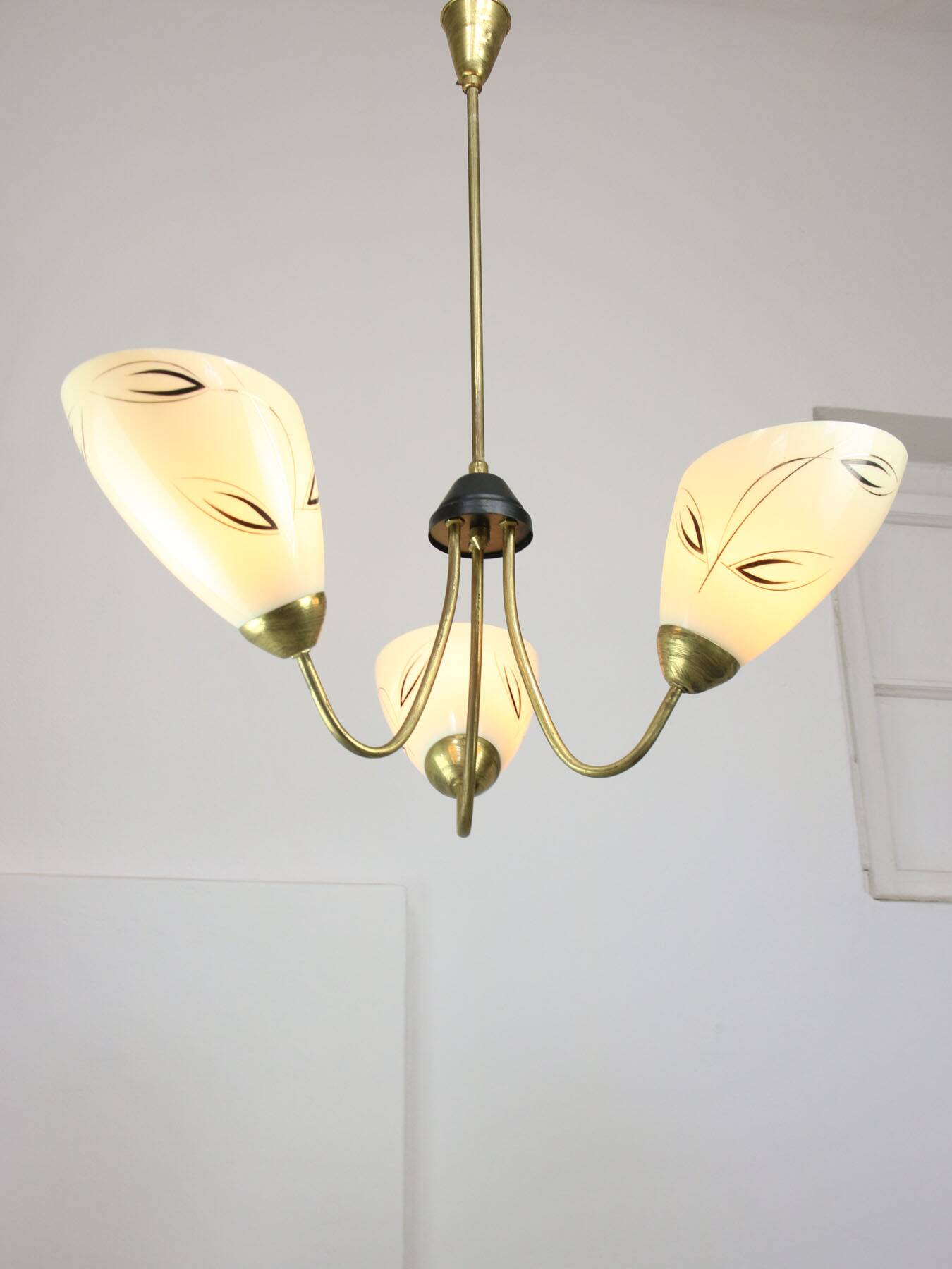Italian Art Deco Chandelier in Brass and Yellow Glass, 1940s