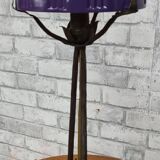 Lampe en fer forgé et verre moulé - décor de rose - vers 1900
