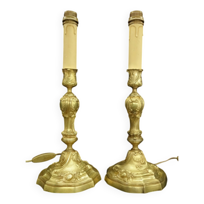 Paire de pieds de lampe style Louis XV - bronze doré