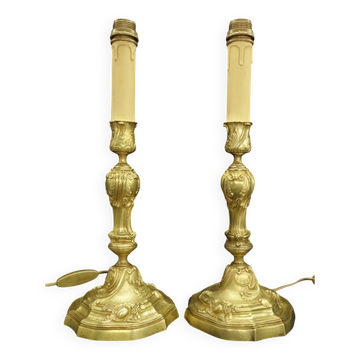 Paire de pieds de lampe style Louis XV - bronze doré