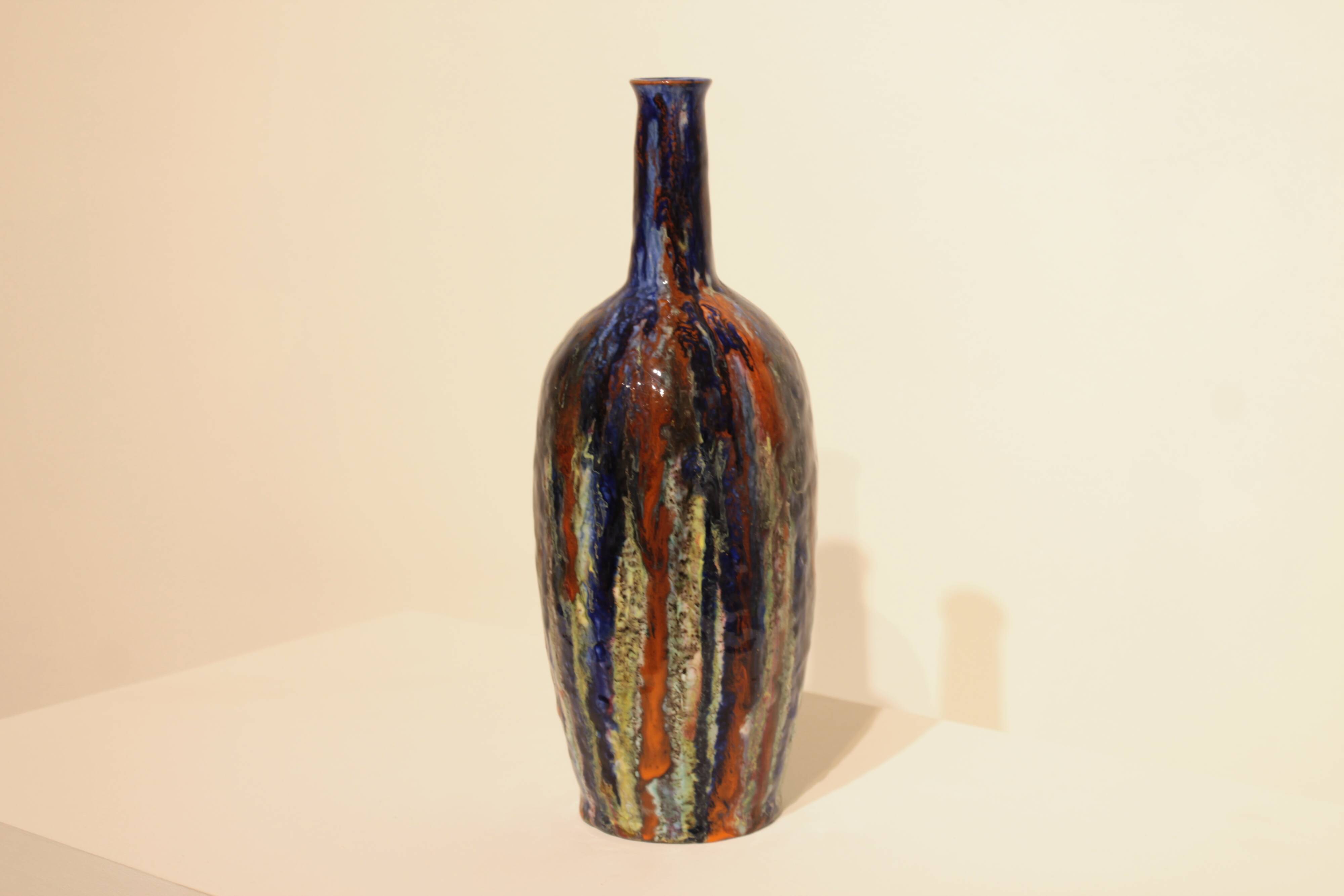 Multicolor glazed ceramic vase signed