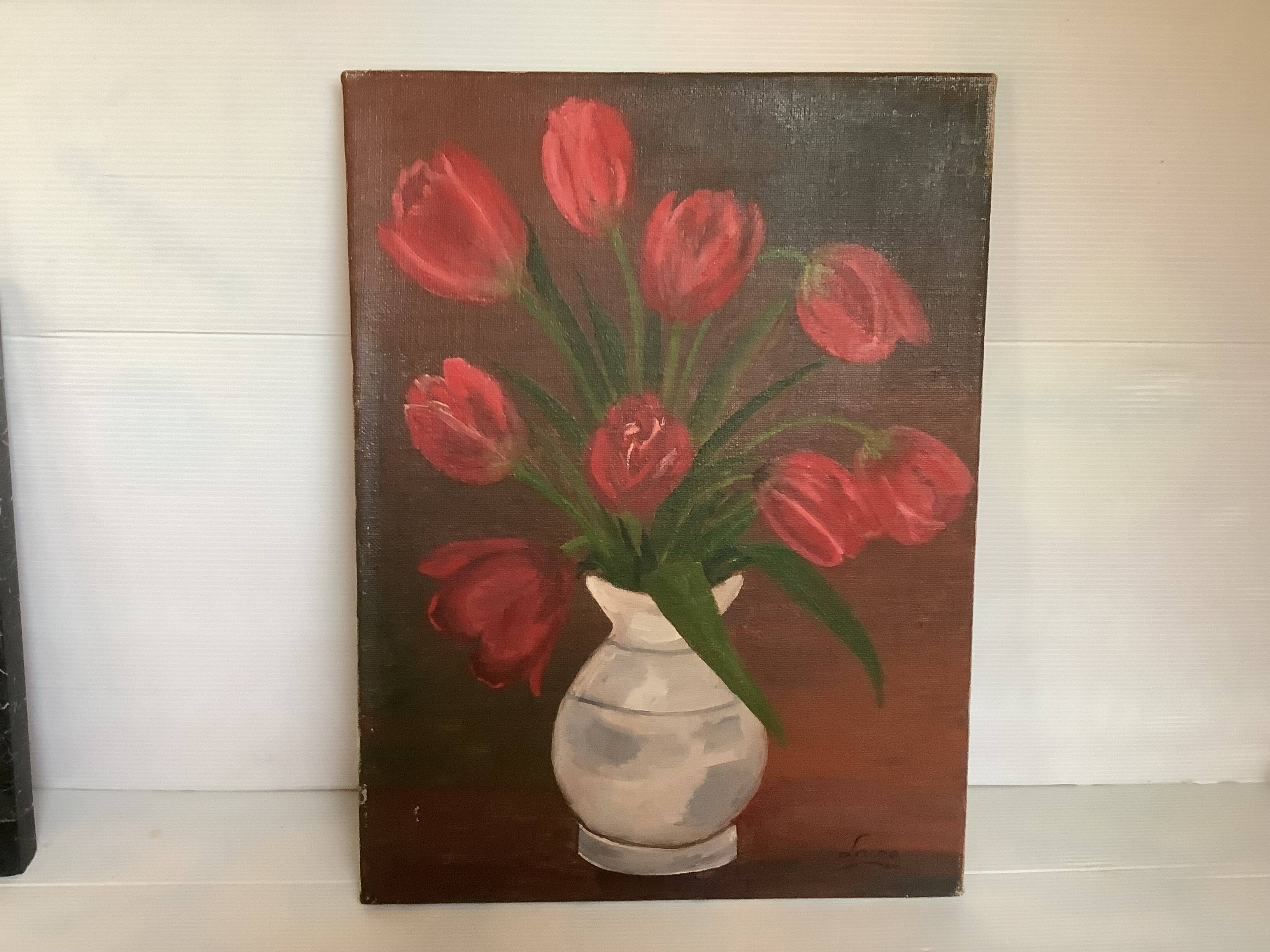 Painting bouquet of tulips oil on canvas signed