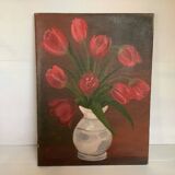 Painting bouquet of tulips oil on canvas signed