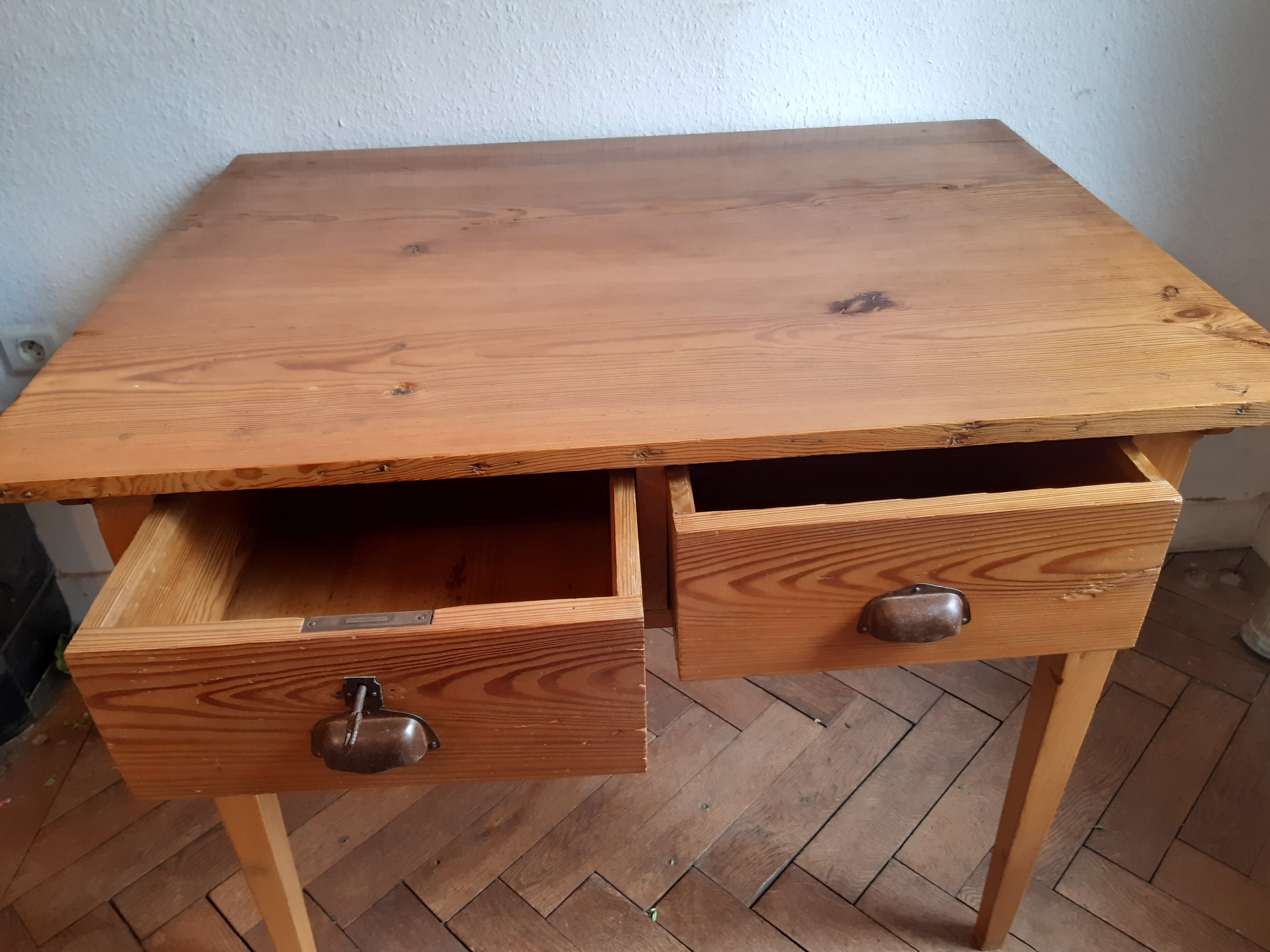 Old office table vintage fir 1900 2 drawers