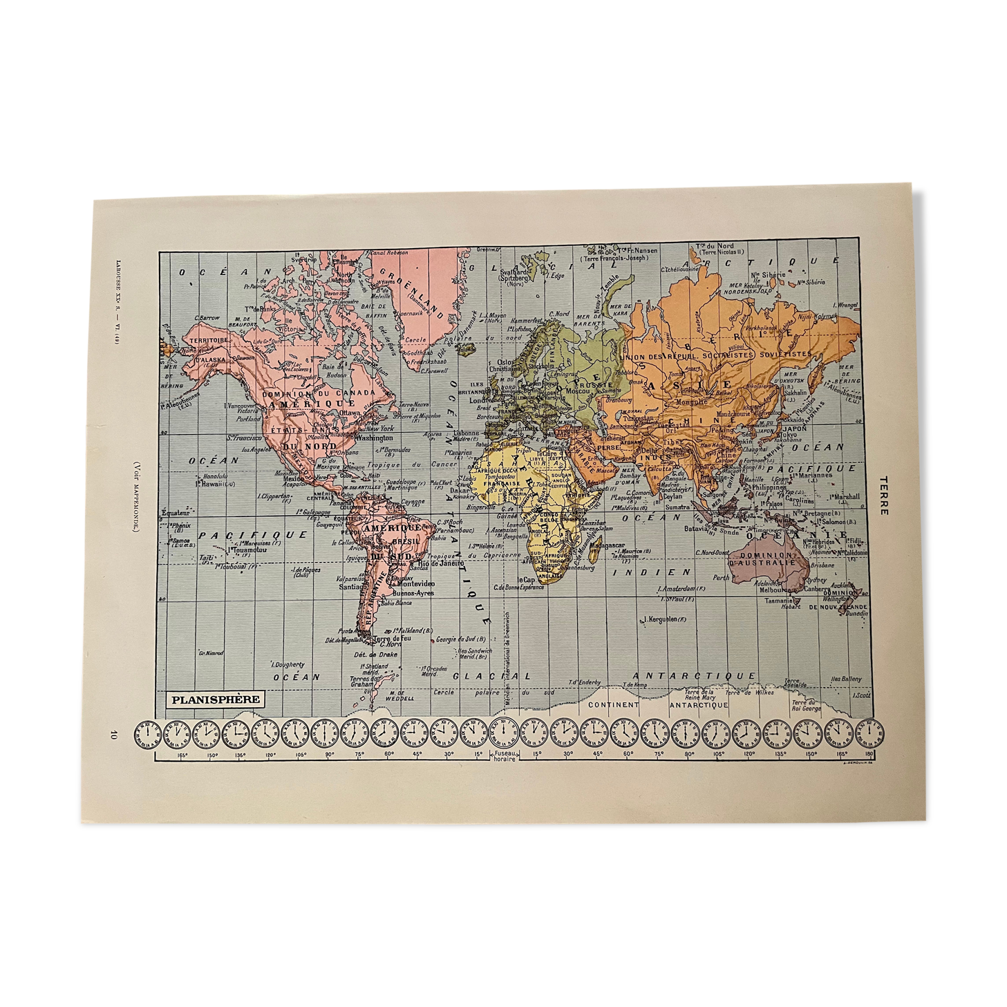 Lithographie planisphère carte de la Terre de 1928