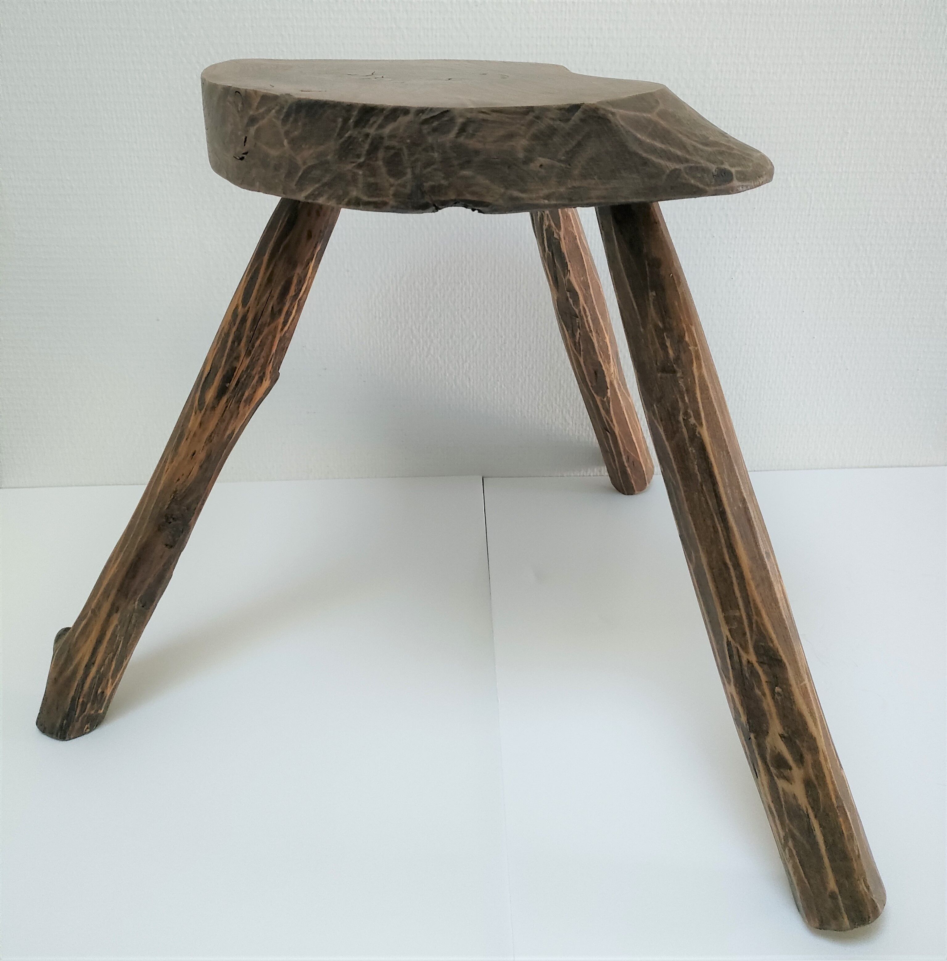 Tripod stool solid wood folk art 60s