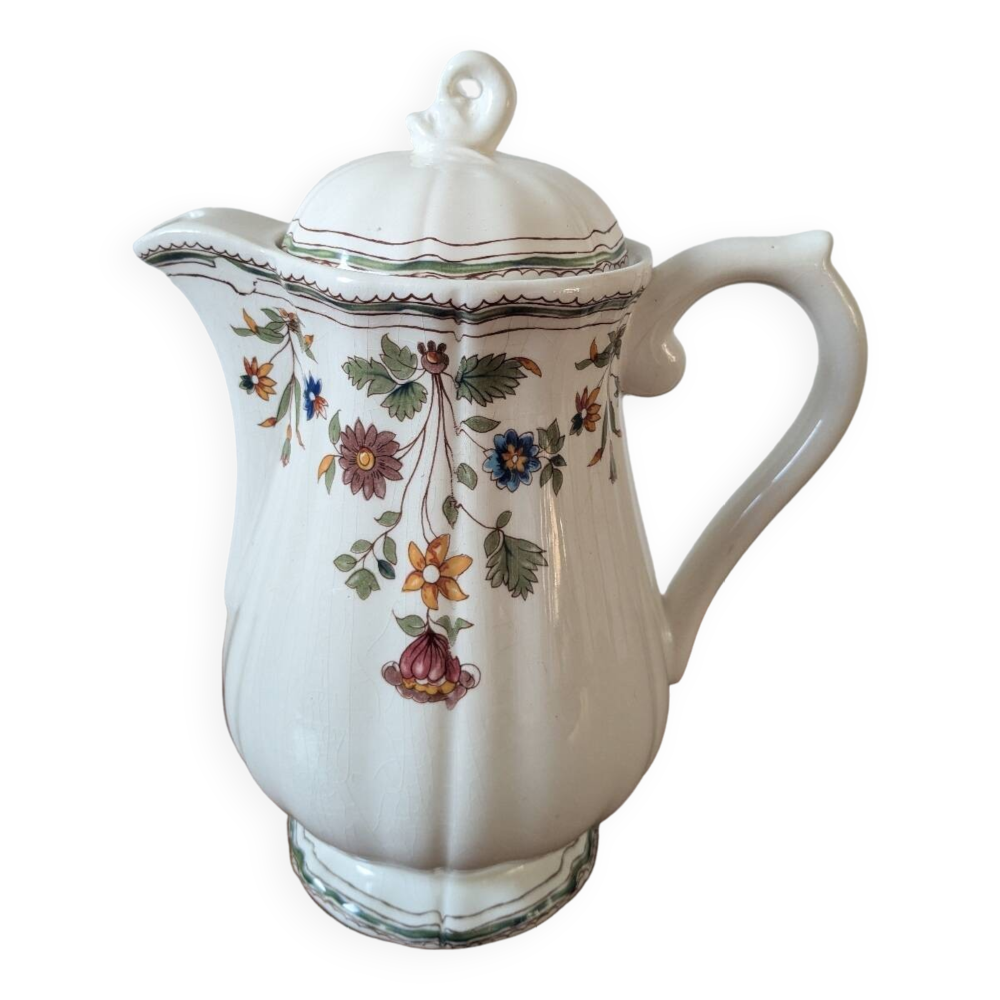 Gien earthenware coffee pot, Moustiers Olérys decor