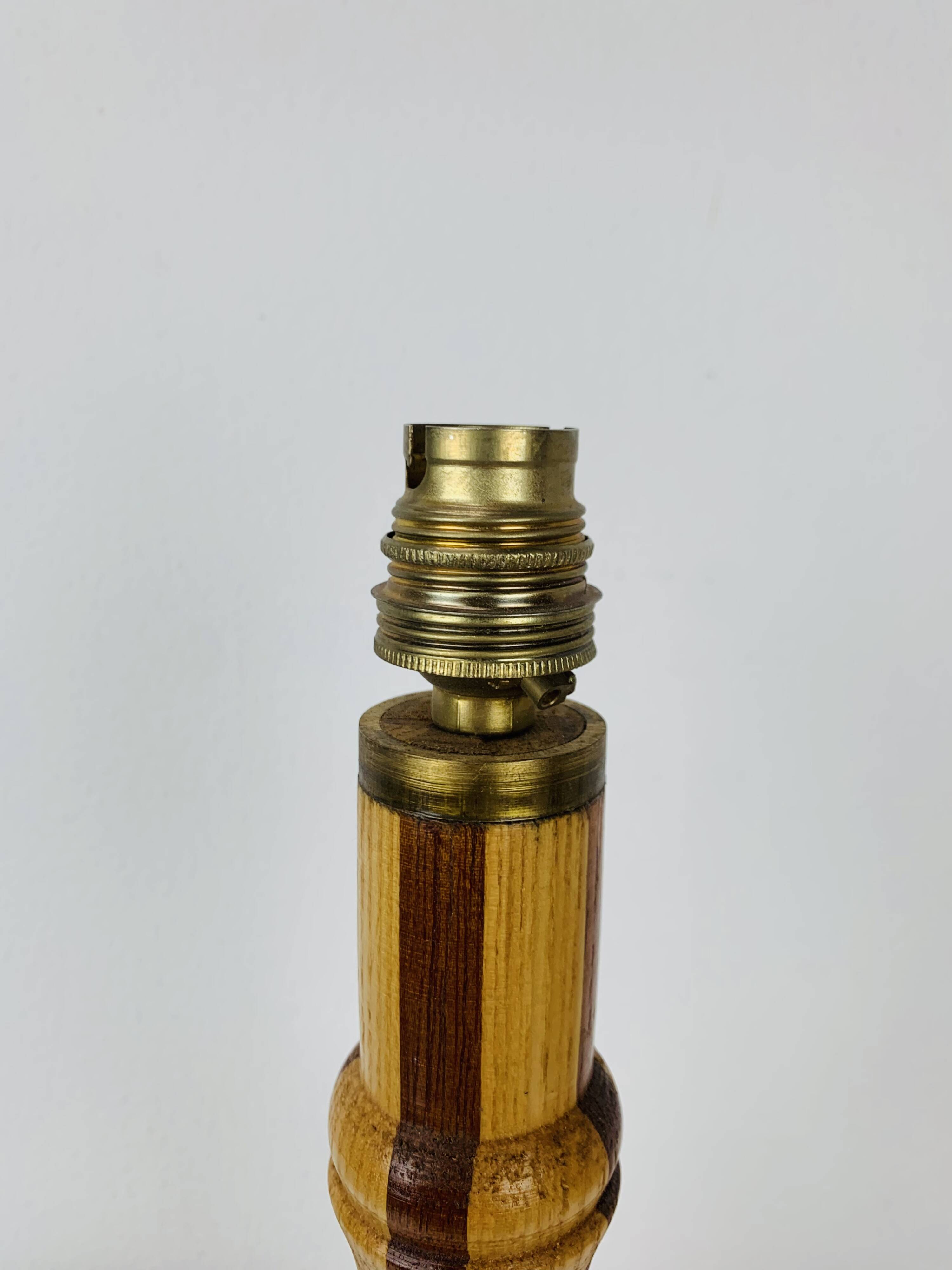 Vintage turned wood lamp, silk lampshade