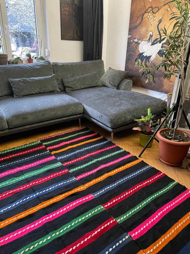 Romanian vintage carpet with stripes, made by hand in wool
