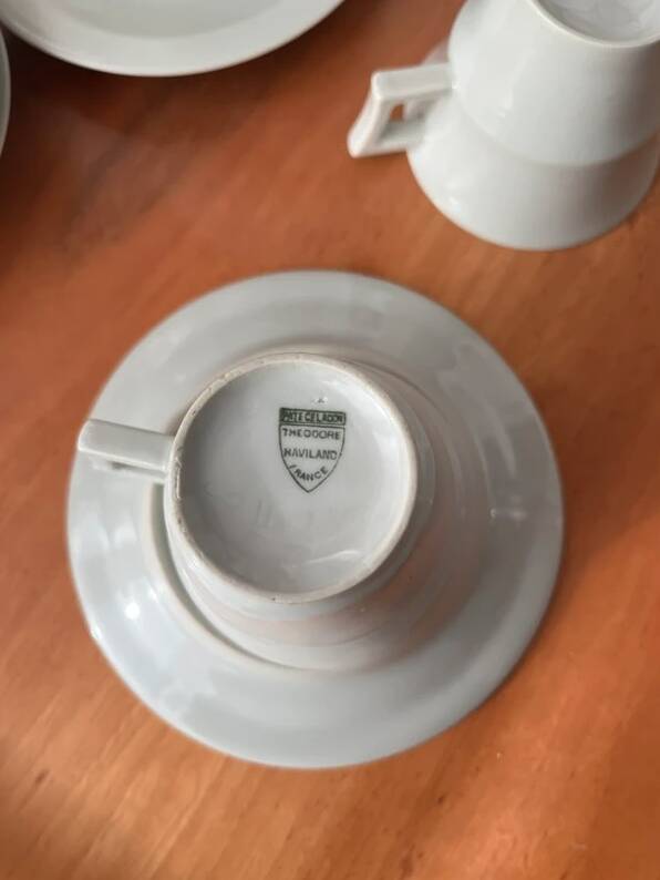 Art Deco cups and saucers by Théodore Haviland in celadon.