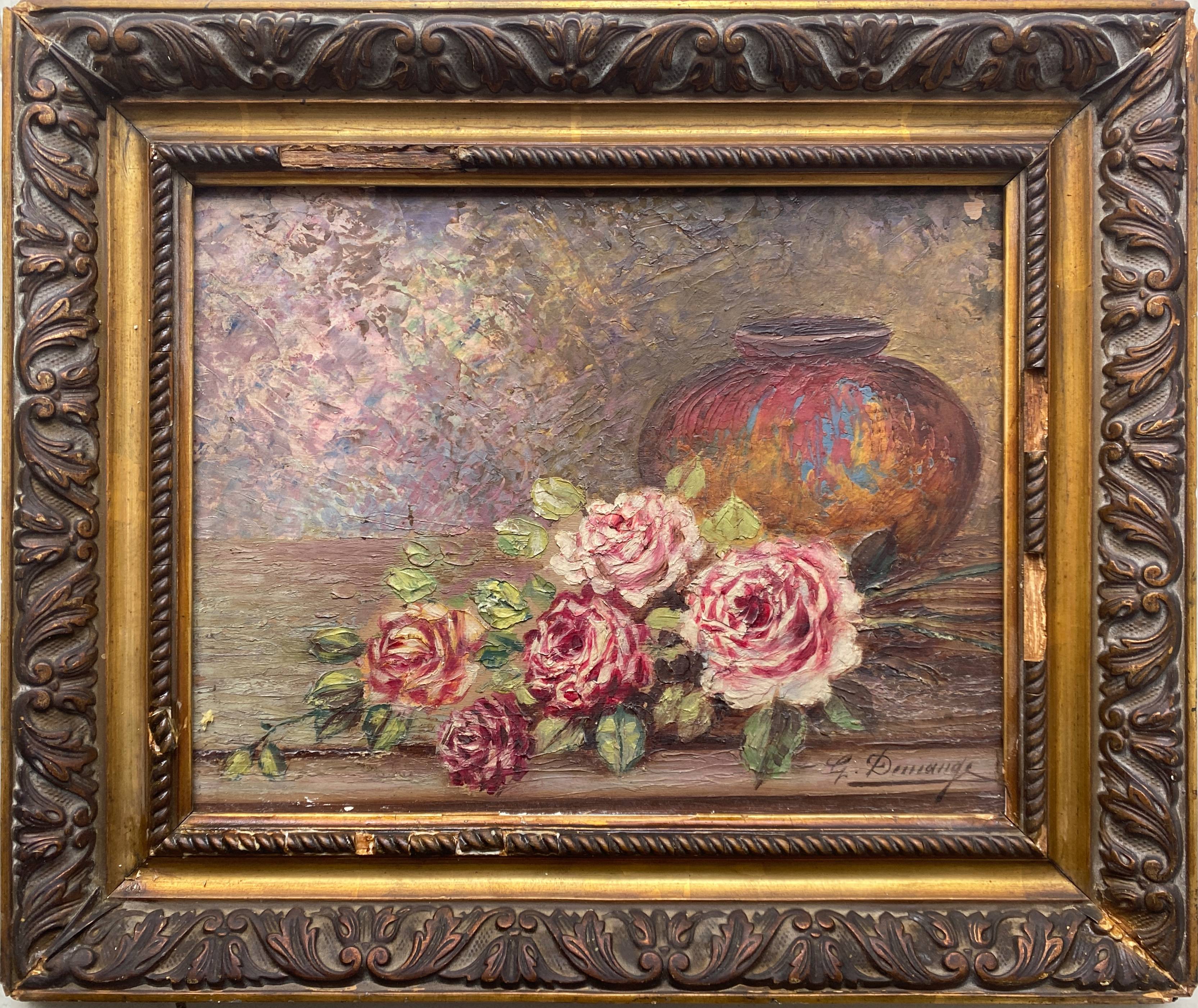 Painting "Bouquet of roses in the vase" signed G. Demange early XX° + frame