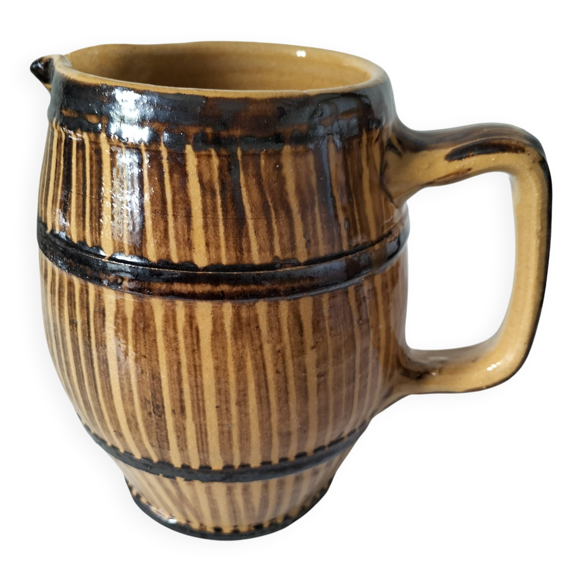Large vintage pitcher with trompe l'oeil effect, barrel in glazed stoneware, 1950s