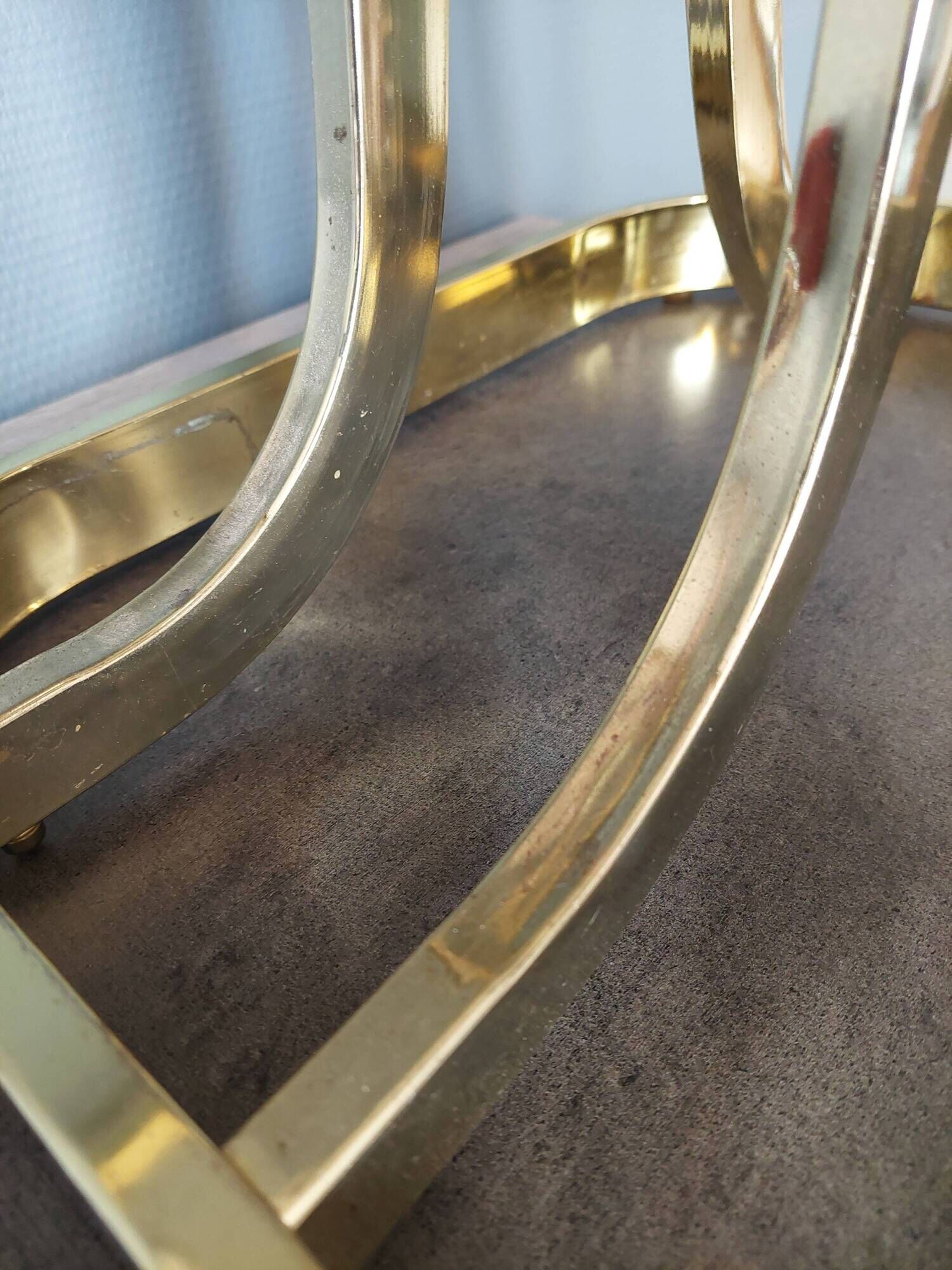 Vintage square brass and glass coffee table with smoked glass top, french 1970