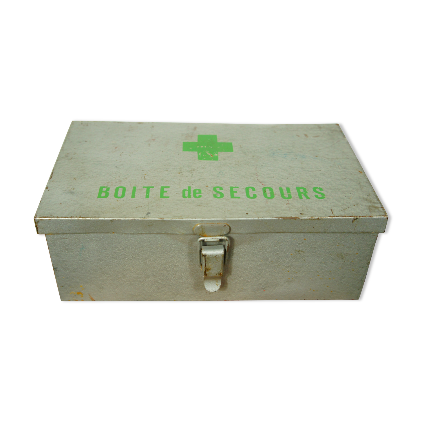 Boîte de secours valisette vintage en métal à décor croix verte