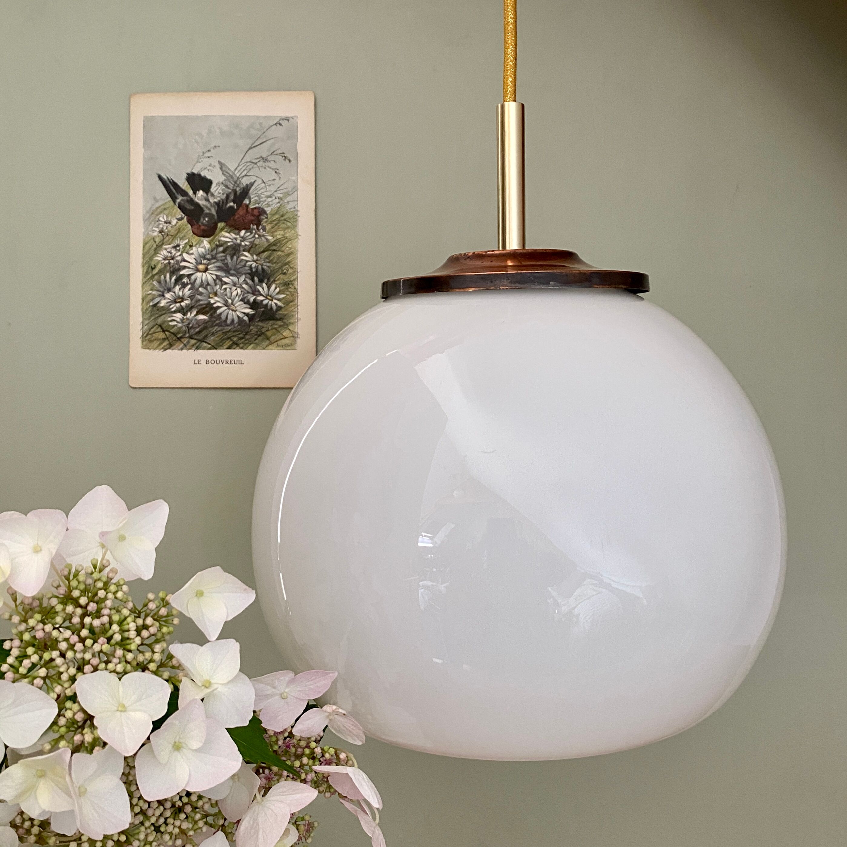 Vintage globe pendant lamp in white opaline