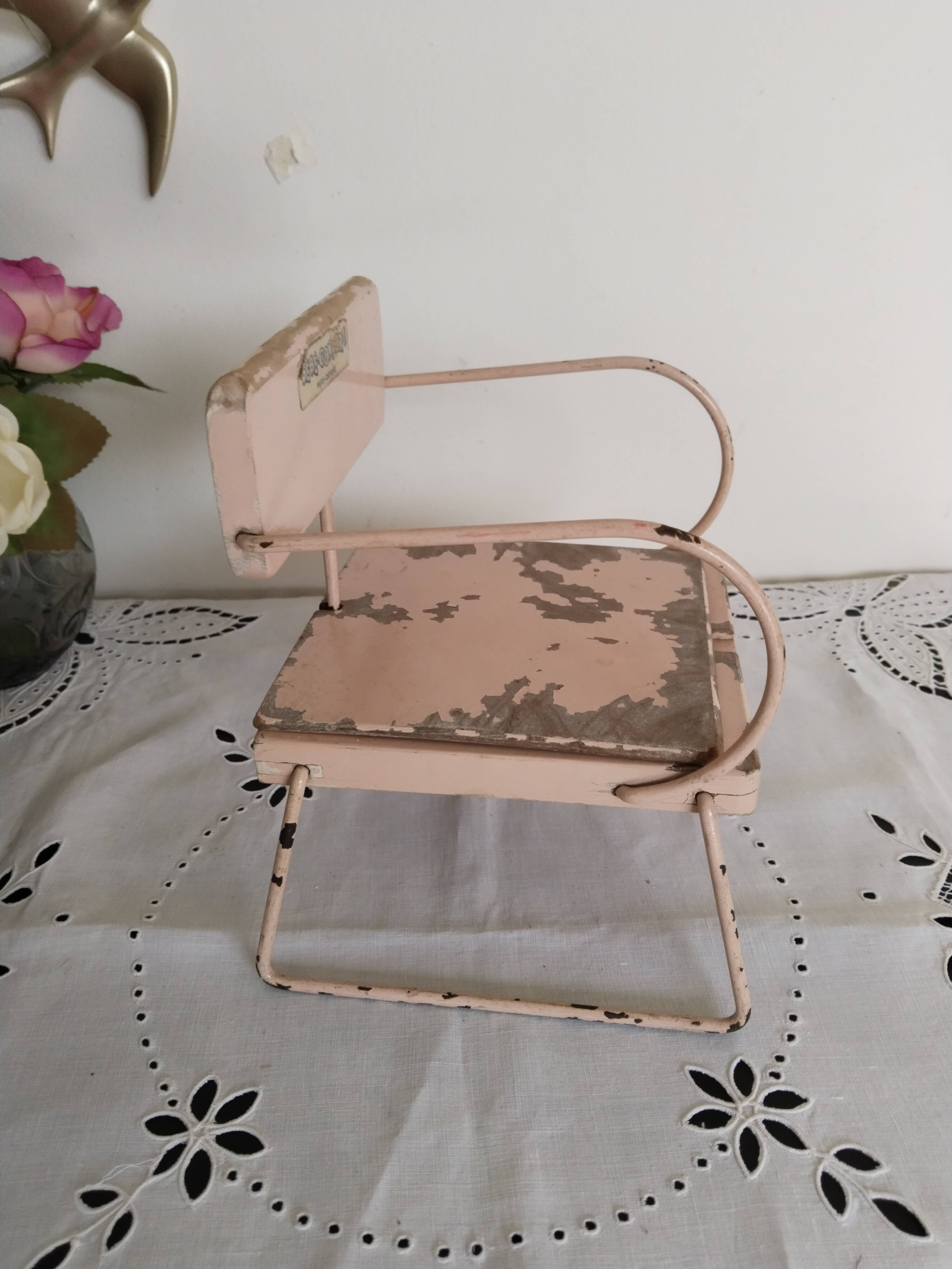 Vintage doll potty chair, wood and metal, pink, Bébéconfort