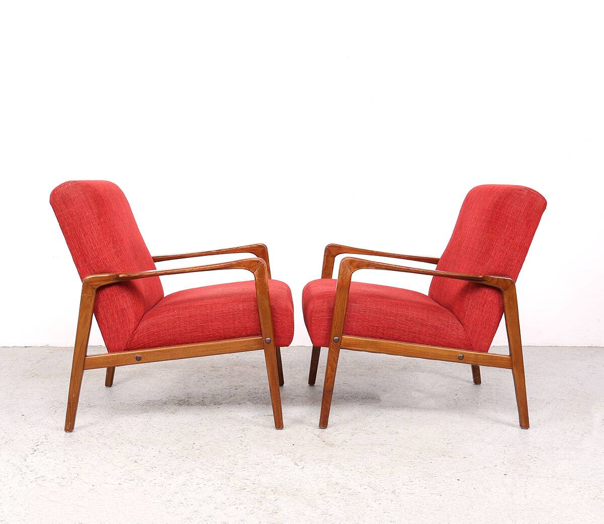 Danish vintage design wooden armchairs with coral fabric, 1950s