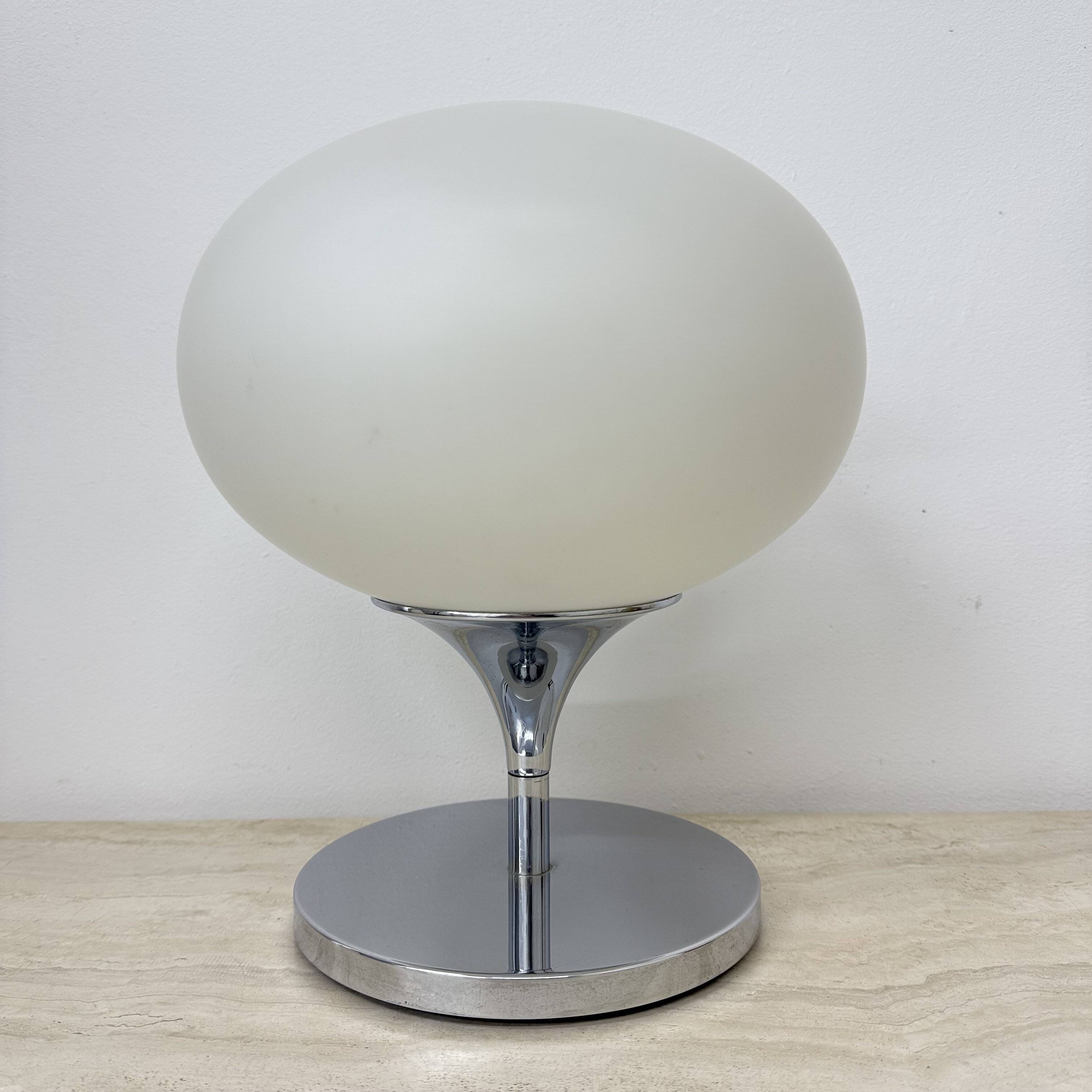 Opaline glass chromed steel & cast iron Space Age lamp by Kaiser Leuchten,