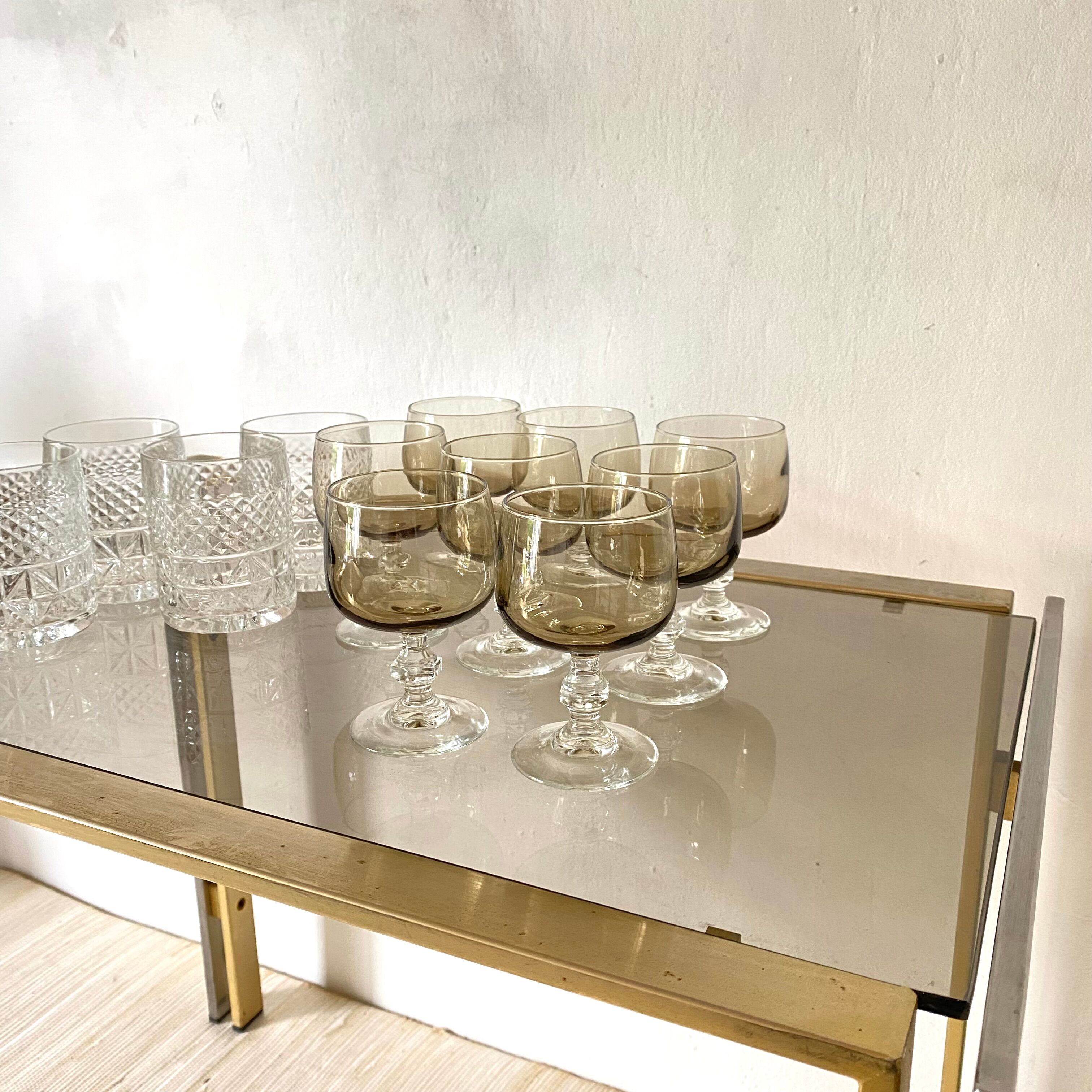 Side table, end of sofa in smoked glass and metal, 70s.