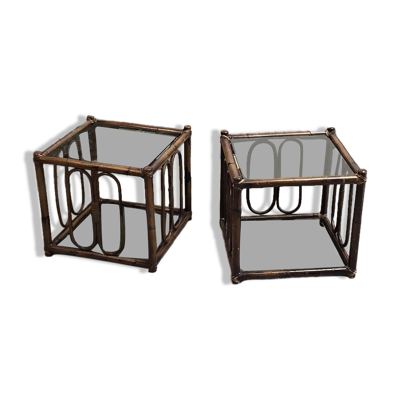 Deux tables en rotin et verre fumé 1970