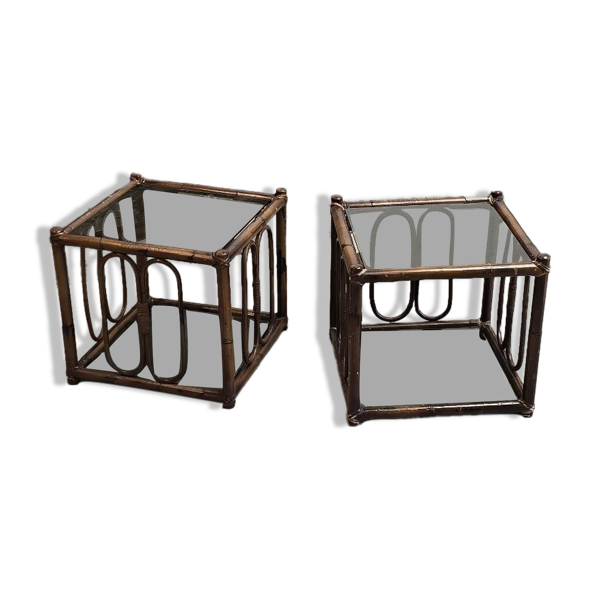 Deux tables en rotin et verre fumé 1970