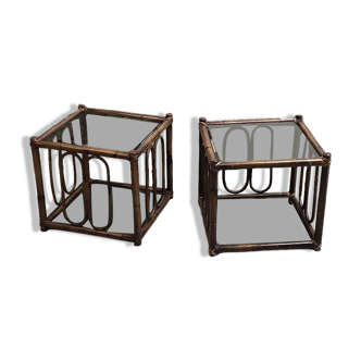 Deux tables en rotin et verre fumé 1970