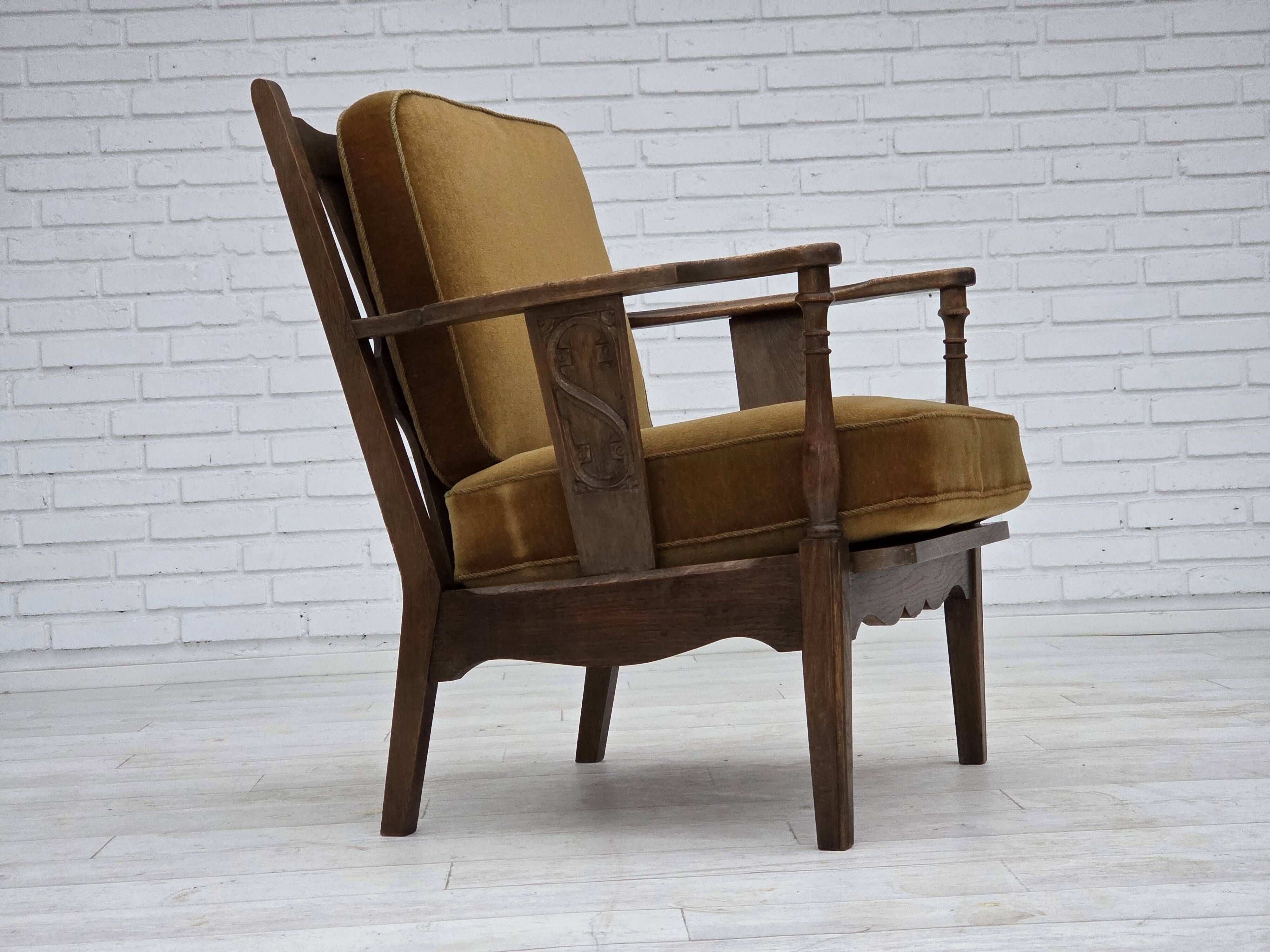 1950s, Danish vintage armchair, original green furniture velour, oak wood.