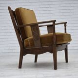 1950s, Danish vintage armchair, original green furniture velour, oak wood.