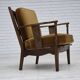 Fauteuil vintage danois des années 1950, mobilier vert d'origine en velours, bois de chêne.