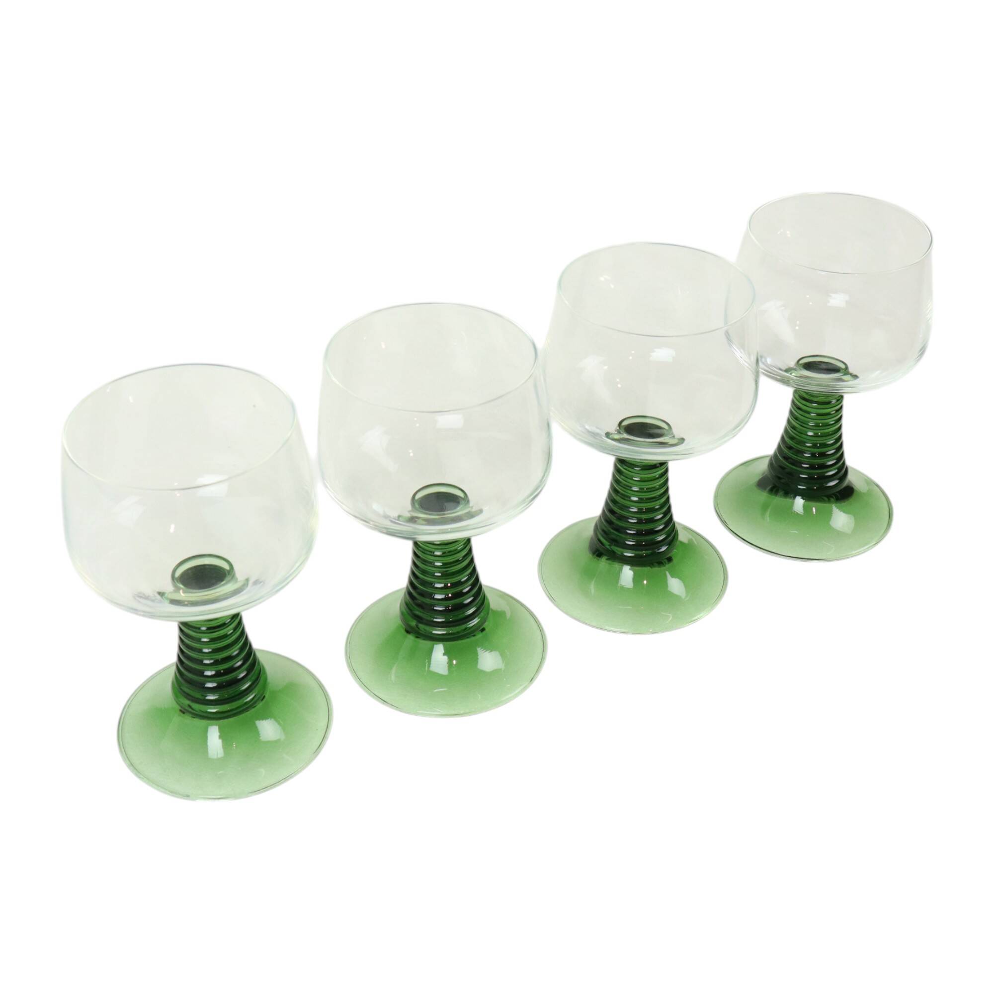 Set of 4 Vintage Luminarc Roemer Wine Glasses Green Ribbed Base