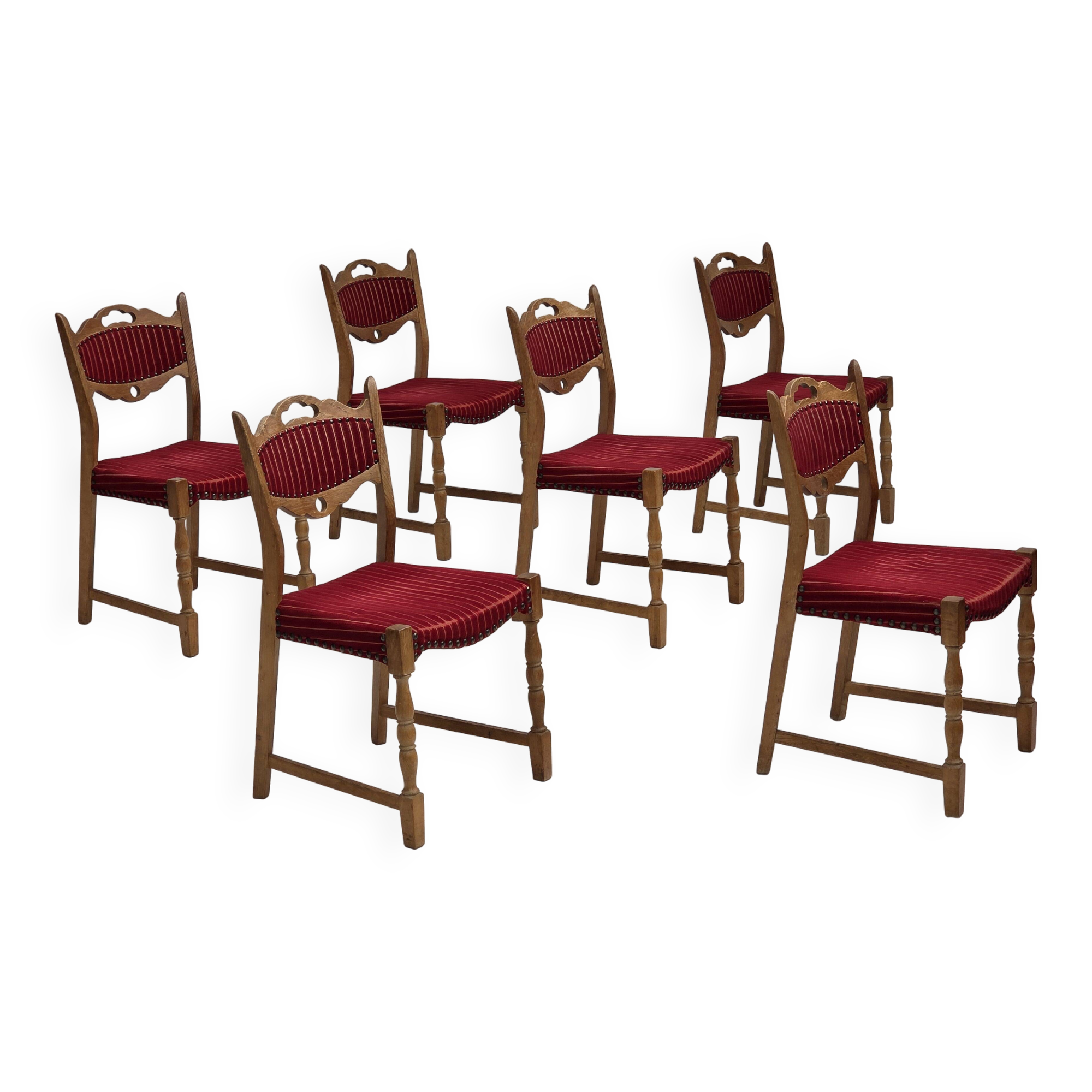 1970s, set of 6 Danish dining chairs, oak wood, furniture wool.