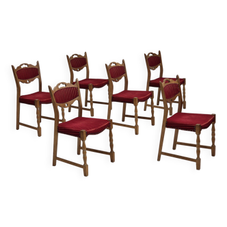 Années 1970, ensemble de 6 chaises de salle à manger danoises, bois de chêne, laine d'ameublement.