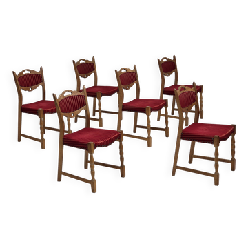 Années 1970, ensemble de 6 chaises de salle à manger danoises, bois de chêne, laine d'ameublement.