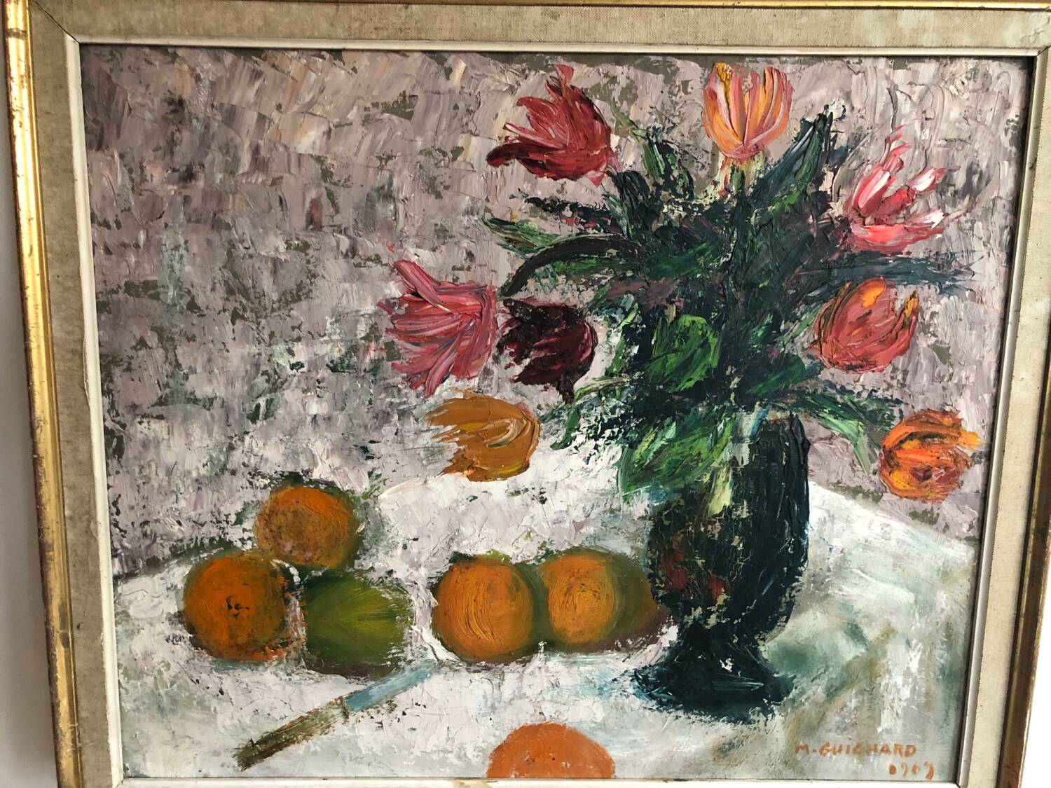 Still life painting flowers and oranges